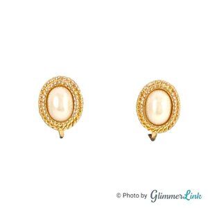 VTG Napier Faux Pearl Oval Cabochon Double Rope Gold Tone Clip On Earrings